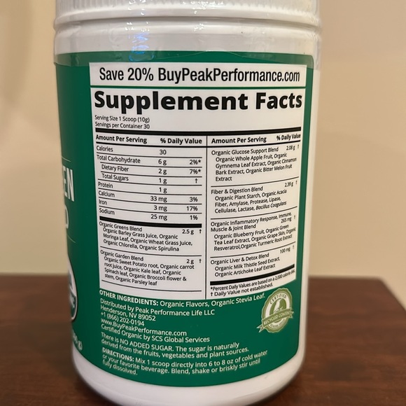 Peak Performance Organic Delicious Greens Superfood Powder- New- Sealed - Picture 2 of 3